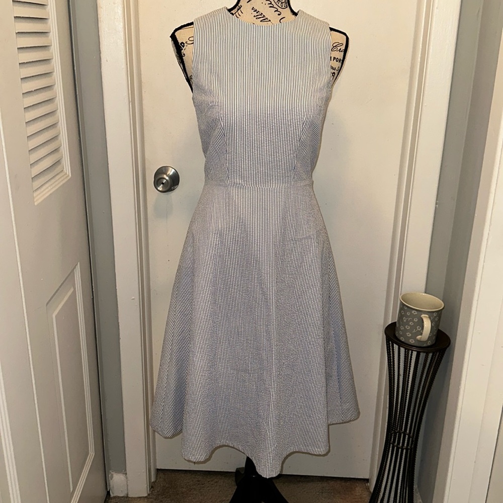 Jcrew Cotton blue & White pinstriped midi dress-NWT- Sz 00 sleeveless, pockets